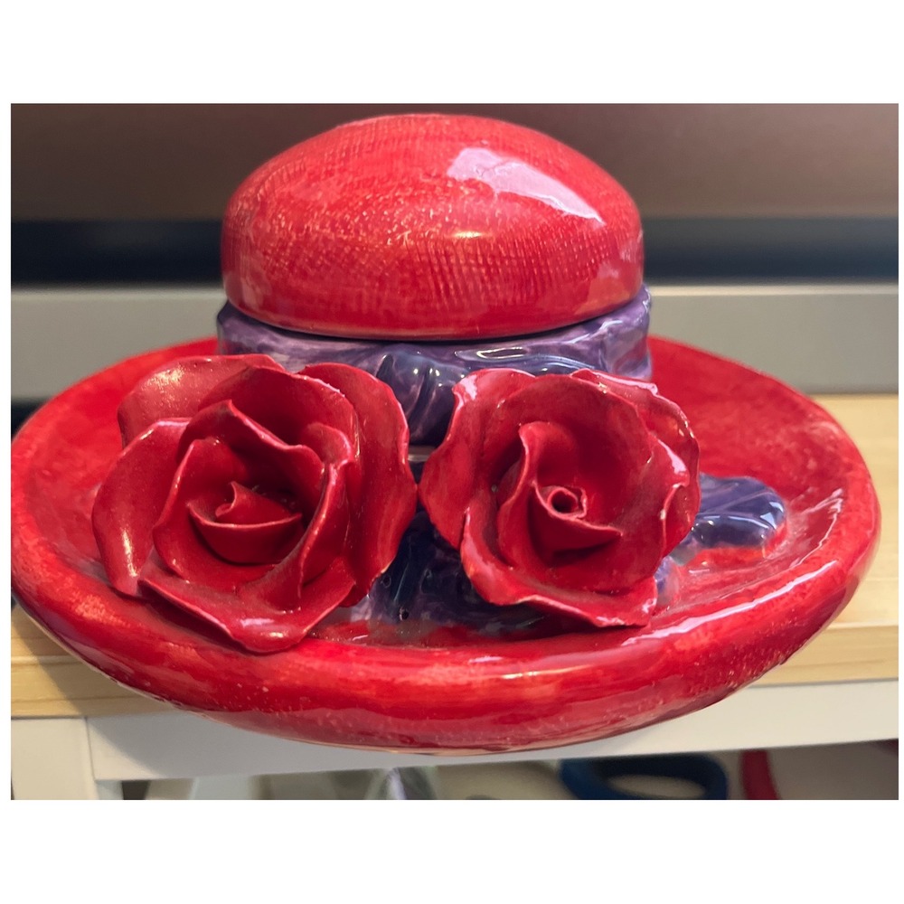 Vintage Ceramic Red Hat Trinket Box with Roses Purple Ribbon Floral‎ Decor
